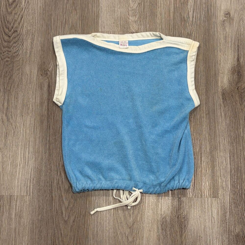 Vintage 70s Wrangler Terry Cloth T-Shirt Top Women's Size Medium Blue White
